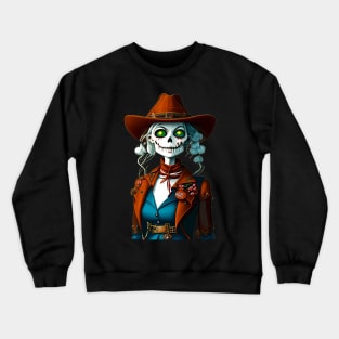 cowgirl, skeleton, western, cowboy, skull, halloween, vintage, country, country music, rodeo, yeehaw, howdy, bull skull, funny, texas, cowboy hat, retro, cowboy boots, cute, skull art Crewneck Sweatshirt